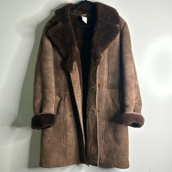 Vintage lamb shearling petroff brown double breasted coat size medium - Picture 1 of 12